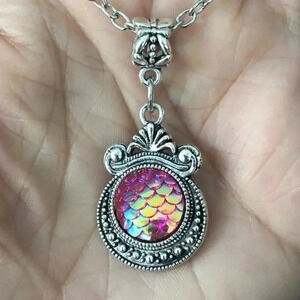 Mermaid Scale Beach Iridescent Round Circle Pendant Stainless Steel Necklace 4
